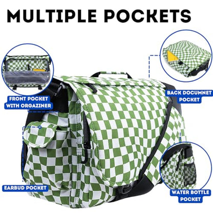J World New York Thomas Laptop Messenger Bag for Women & Men. Kids Computer Bookbag - color: Matcha Checkers