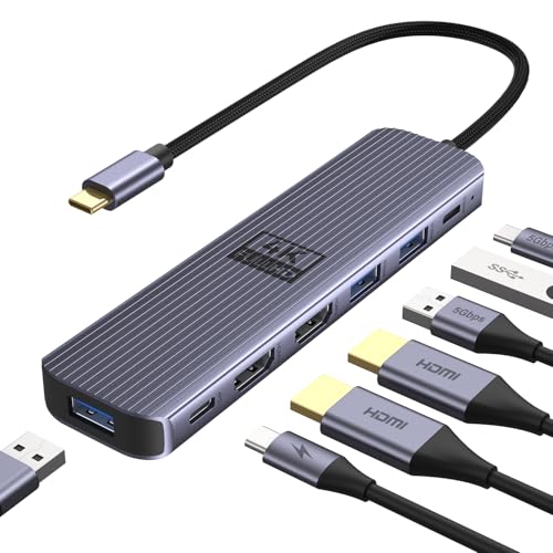 USB C to Dual HDMI Adapter, Newmight 7-in-1 USB-C Docking Station Dual Monitor Multiport Dongle with 2 HDMI 4K 60HZ, 3 USB 3.0, USBC 3.0 Data Port, 100W PD for MacBook Pro, iPhone 15/Pro Max, HP, Dell