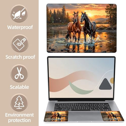Universal Laptop Skin Sticker for 12/13/14/15.6 Inch Laptops, Reusable Vinyl Laptop Decal Cover, Waterproof Scratch Resistant Notebook Skin with 2 Wrist Pads,Two Horses Sunset - color: Two Horses Sunset
