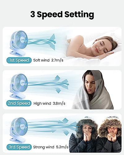 Gaiatop Portable Clip on Fan, Mini Personal Rechargeable Fan | Battery Operated, Small 3 Speed Quiet 360° Rotate, Cooling for Desk Table Home Office Stroller Camping Women Gifts Light Blue - color: light Blue