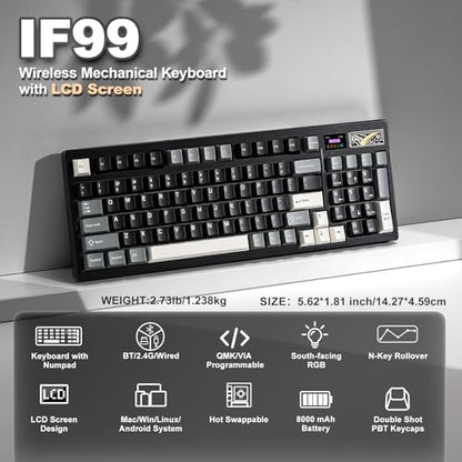 YUNZII IF99 96% Wireless Mechanical Keyboard (Black, Gateron Zero Switch) | QMK/VIA Keyboard with LCD Display,Custom Magnetic Badge,8000mAh Battery,Hot Swap Gasket,RGB,for Gaming/Mac/Win - color: Black, size: Gateron Zero Switch
