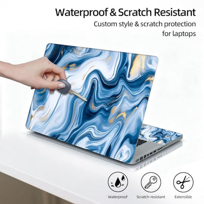 Universal Laptop Skin Sticker Decal, 12"-15.6" Aesthetic Vinyl Wrap, Blue White Marble Gold Foil Waterproof Notebook Cover Art Protector for MacBook HP Dell Lenovo, Fits 13" 14" 15" 15.6" - color: Blue White Marble Gold Foil