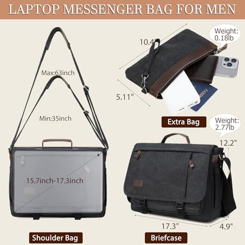 17.3 Inch Messenger Bag for Men: 2PCS Laptop Bag PU Leather Canvas Work Briefcase Large Office - color: Black