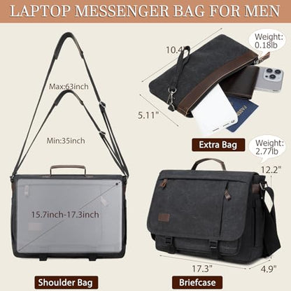 17.3 Inch Messenger Bag for Men: 2PCS Laptop Bag PU Leather Canvas Work Briefcase Large Office - color: Black