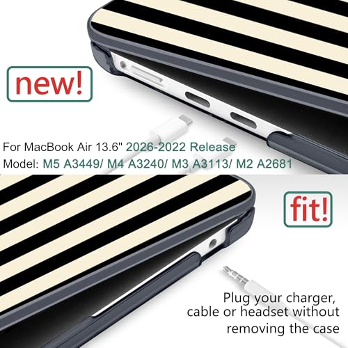 for MacBook Air 13 Inch (13.6 Inch) Case, M5/M4/M3/M2 Chip 2026 2025 2024 2023 2022, Hard Plastic Printed Cover with Screen Protector & Keyboard Cover & Dust Plugs, Black & Cream Stripes - color: Black & Cream Stripes