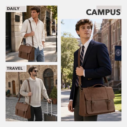 RAINSMORE Messenger Bag for Men 17” PU Laptop Flap Retro Briefcase Waterproof Satchel Bag for Office Business Travel College - color: Brown