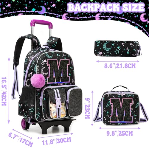 HTgroce Cute Rolling Backpack with Wheel,School Backpack for Kids Girl Roller Schoolbag Wheeled Backpacks Set Carry-on Luggage,Black M - color: Black, style: M