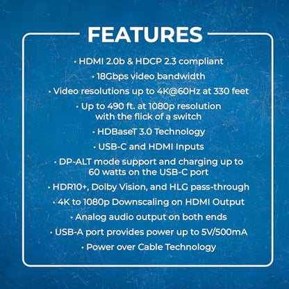 OREI 4K KVM HDMI USB-C Extender Balun HDBaseT 3.0 UltraHD 4K @ 60Hz 4:4:4 Over Single CAT5e/6/7 Cable with HDR, LAN, CEC, & IR Support, RS-232 Up to 330 Ft Audio Out - Power Over Cable - size: 4K HDMI & USB-C w/ KVM