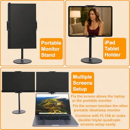 Portable Monitor Stand Tablet Stand for Desk Kindle Holder with Metal Disk, Telescopic Pole and Super Wide Clamp Portable Monitor Mount 15.6 inch 18.5 inch FL12C