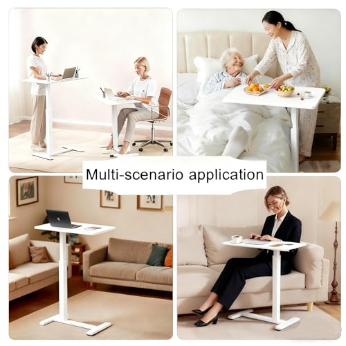 Mobile Small Standing Desk with Hidden Wheels, Pneumatic Laptop Desk, Rolling Computer Cart Movable, Portable Rolling Computer Sit Stand Side Table for Couch, Home, Office, White - color: White