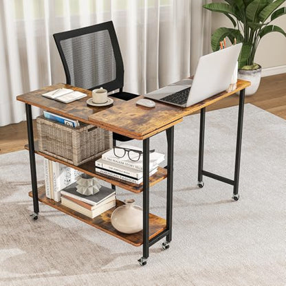 Giantex 360° Free Rotating Sofa Side Table, Mobile L-Shaped Laptop Desk with Sturdy Metal Frame, 6 Universal Casters, Movable Couch Snack Table with 2-Tier Storage Shelf for Home (Brown) - color: Brown