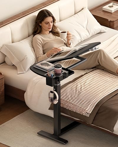 Overbed Bedside Table with Wheels, Black | Pneumatic Adjustable, Tilting Desktop, Cup Holder/Pen Holder/Hook, Mobile Standing Desk, For Bed/Sofa/Hospital Use - color: Black