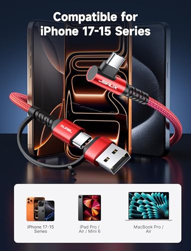 JSAUX 3-in-1 USB-C Cable 2-Pack 6.6FT, 100W Right-Angle Fast Charging, Red | Right-Angle Braided Cables with USB-A Adapter, 2 x 6.6 ft, for iPhone 17/16/15, Galaxy S26/S25/S24, iPad, MacBook, Steam Deck - color: Red, size: 6.6FT