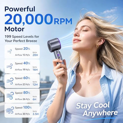 Portable Handheld Fan with Ice Cooling, Personal Rechargeable Fan 20000RPM,199-Speed Mini Neck Fan with 4000mAh Battery Powered up to 15hrs with LED Display for Travel, Camping & Outdoor, Purple - color: Gray-Purple