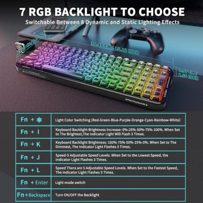 FOPETT Wireless Computer Keyboard with RGB Backlit, Tri-Mode Bluetooth 5.0/USB-C/2.4GHz Ergonomic Gaming Keyboard - Full-Size Rechargeable Transparent Keycap for Laptop/Windows/PC - Black - color: 732 Black