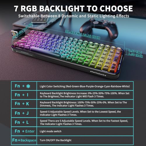 Wireless Computer Keyboard with RGB Backlit, Tri-Mode Bluetooth 5.0/USB-C/2.4GHz Ergonomic Gaming Keyboard - Full-Size Rechargeable Transparent Keycap for Laptop/Windows/PC - Black - color: 732 Black