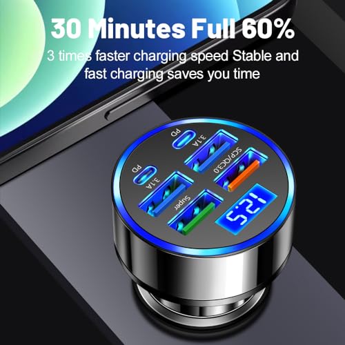 USB C Car Charger Adapter with Voltmeter Compatible with iPhone 16 15 14 13 12 11, Android, Samsung, Super+ QC3.0 6 in 1 Multi-Port Super Fast Charging Cigarette Lighter USB Charger