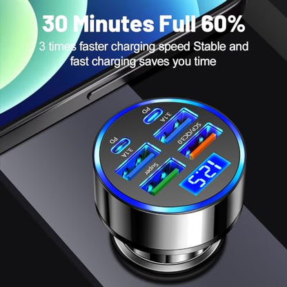 USB C Car Charger Adapter with Voltmeter Compatible with iPhone 16 15 14 13 12 11, Android, Samsung, Super+ QC3.0 6 in 1 Multi-Port Super Fast Charging Cigarette Lighter USB Charger