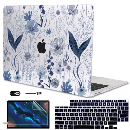Compatible with 2018 2019 2020 2021 MacBook Air 13 inch Case M1 A2337 A2179 A1932, Clear Printed Pattern Hard Shell Case & Keyboard Cover for Mac Air 13 M1 Touch ID, Navy Blue Wild Flowers - color: Navy Blue Wild Flowers