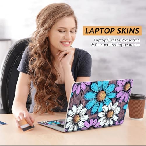 Laptop Skin Sticker for 12.1”-15.6“ Laptops (Fits 13”, 13.3”, 14”, 15”, 15.4”) | Protective Universal Reusable Vinyl Art Decal Cover | Waterproof & Scratch-Resistant-Purple Blue White Daisy on Wood - color: Purple Blue White Daisy on Wood