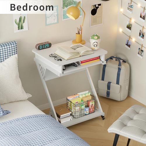 ALISENED Computer Desk for Small Spaces Compact Desk with Keyboard Tray | 23.6" Z-Shaped, with Wheels and Bottom Shelves, for Home Office, Computer Cart Mobile Laptop Cart, White - color: White