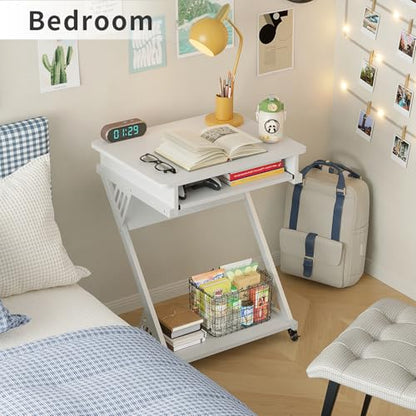 ALISENED Computer Desk for Small Spaces Compact Desk with Keyboard Tray | 23.6" Z-Shaped, with Wheels and Bottom Shelves, for Home Office, Computer Cart Mobile Laptop Cart, White - color: White