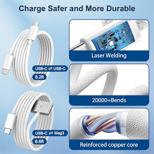 140W Charger for MacBook Pro 14 16 inch MacBook Air 13 15 inch 2026-2021 M5 M4 M3 M2 M1, 140W GaN Power Adapter, 6.6FT USB C to 3 Magnetic 3 Cable, 8.2FT USB C to C Cable【Original Quality】