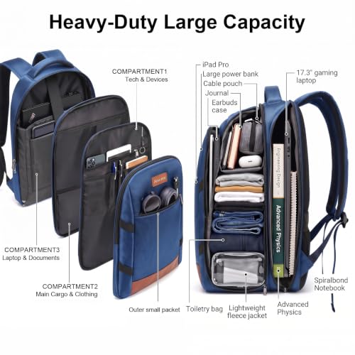 Amovee Travel Laptop Backpack 17.3 Inch, Water Resistant Anti-Theft Computer Bag with Hidden Pocket & Luggage Strap, Airline Approved Carry-On Bookbag for Men Women, Perfect for Flying & Vacation - color: Navy Blue
