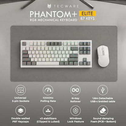 TECWARE Phantom+ Elite 87 Key RGB Mechanical Gaming Keyboard | 3 Mode Wireless Bluetooth 5.0 2.4GHz & USB C Wired | Hot Swappable 5 Pin | Double Shot PBT Keycaps | Wraith Red Switch - White - color: Red Switch, size: Phantom+ Elite 87 | White