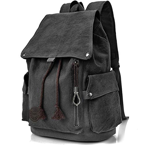 FH Canvas Backpack Vintage Backpack Black Daypack for Men Women Laptop Travel Rucksack - color: Black
