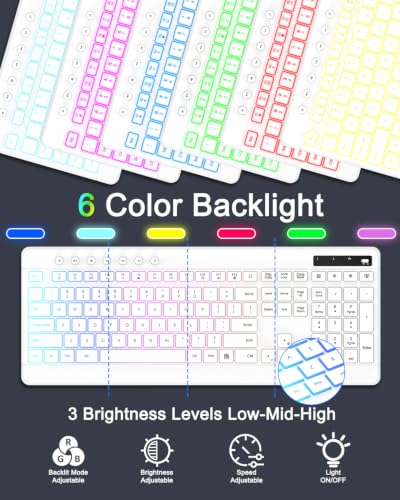 EDJO Wireless Keyboard and Mouse Combo, 10 Backlit Effects, Rechargeable 2.4GHz Silent Full-Size Light Up USB Keyboard with 6 Button RGB Mouse for Laptop, Computer, PC - color: White