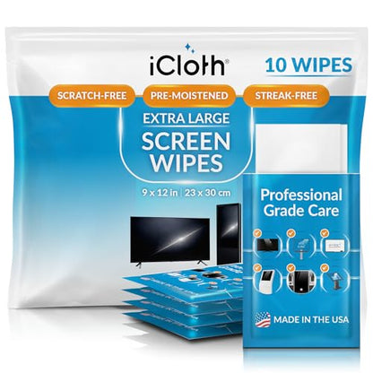 iCloth XL Screen Cleaning Wipes, Lint-Free and Streak-Free, Fast-Drying, Removes Dust, Fingerprints, and Smudges (10 XL Wipes) - size: 1 Count (Pack of 10)