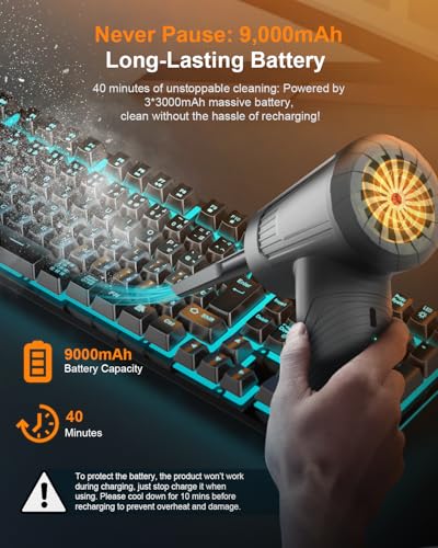 BNKKY 11-in-1 Compressed Air Duster, 3-Gear Adjustable 120000 RPM Electric Air Duster with LED Light, Reusable no Canned Keyboard Cleaner for Office, 9000mAh Cordless Air Duster for Computer/Car