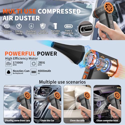 170000RPM Electric Air Duster Rechargeable Cordless Cleaner for Gaming Setup Keyboard PC Console Repair Tool with Multi Nozzles Compressed Air Alternative
