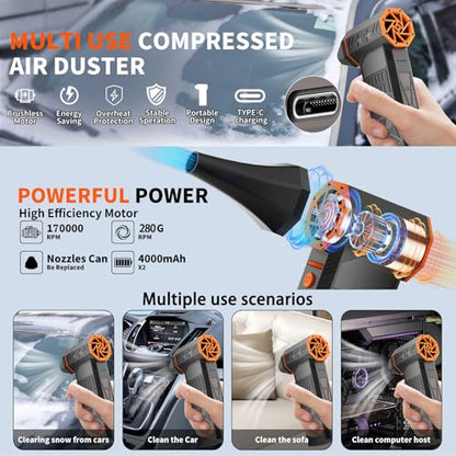 170000RPM Electric Air Duster Rechargeable Cordless Cleaner for Gaming Setup Keyboard PC Console Repair Tool with Multi Nozzles Compressed Air Alternative