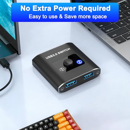 USB 3.0 Switch, Bi-Directional USB Switch 1 in 2 Out/ 2 in 1 Out, Aluminum USB Switcher 2 Computers Share USB Devices for Printer, Keyboard, Scanner, Mouse - Compatible with Mac/Win/Linux