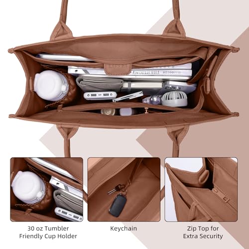 Laptop Tote Bag for Women, Large Canvas Totes with Zipper and Key Fob, Work School Bag Travel Bag Teacher Nurse Purse - color: Brown