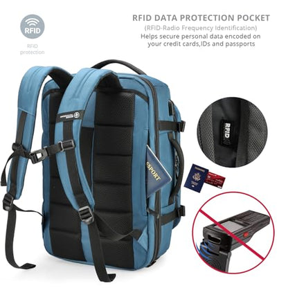 Swissdigital Design Travel Backpack 40L,TSA Friendly Flight Approved Carry-on Hand Luggage,with USB Charging Port Large Weekender Bag Fits 17 Inch Laptop Backpack Blue | SD1756-30 - color: Blue
