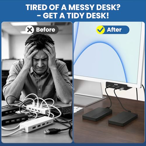 EJAY Clamp USB Hub 5-in-1 USB C Hub 59" Cable for iMac & PC | | Aluminum | Mountable Splitter | Desktop Edge Fixed Hub | Home Office Setup | Long Cable - color: Black