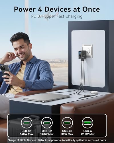 MacBook Charger, 140W USB C Charger Block, 4-Port GaN PD3.1 PPS, Fast Charging, Laptop Wall Charger Power Adapter, Touch Screen Smart Display for MacBook Pro/Air, iPhone iPad