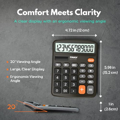 TRULY 12-Digit Desktop Calculator with Large Display, Big Buttons, Dual Power (Solar + Battery), Metal Finish, Ideal for Office, Home, School – 837A Pro Black - color: Black