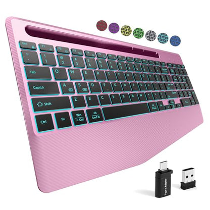 Hamile Wireless Backlit Keyboard with Wrist Rest, Rosepink | 2.4G and Bluetooth keyboard with 8 backlight effects, slim rechargeable silent keys, holder, and Windows/Mac support - color: RosePink