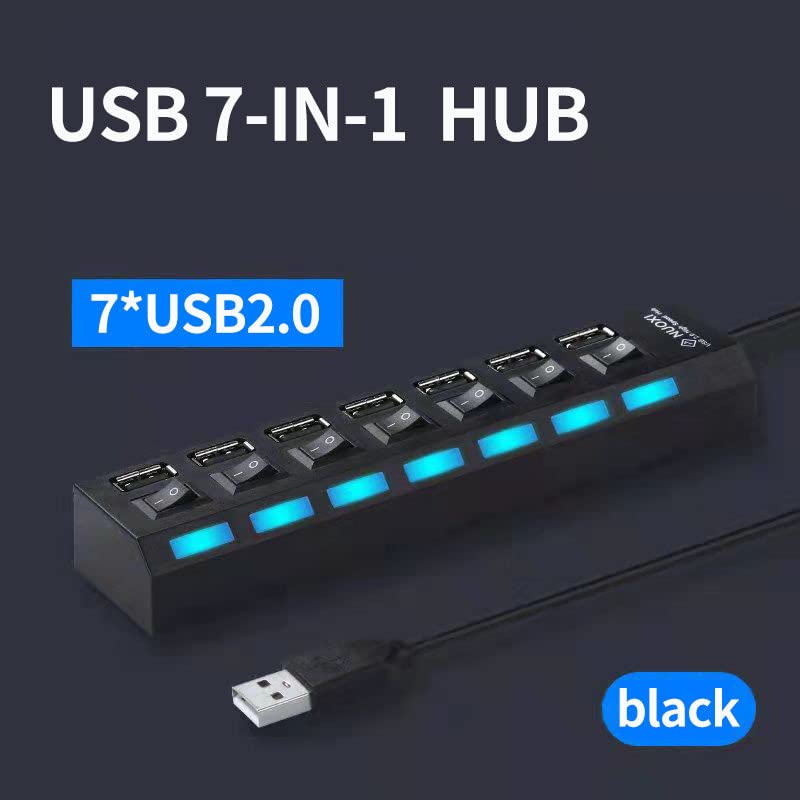 7 Ports Powered USB Hub for Pc Multiple USB Port Splitter with LED Individual On/Off Switches Laptop Charging Strip Desktop USB Extender Hub USB Port Hubs for 7/ Vista/Xp/ 2000 and Mac (Black)