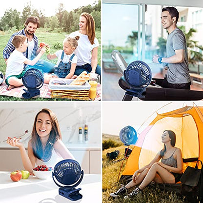 Clip on Fan, 65H Working Time Rechargeable Fan with LED Lights/Remote/Hooks | 12000mAh Battery Powered Fan with Strong Clamp, Small Desk Fan Mini Fans for Tents Travel Outdoor Camping Golf Cart Stroller - color: Dark Blue