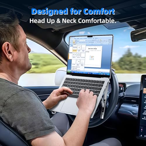 Adjustable Steering Wheel Laptop Mount, Foldable Car Laptop Desk-Silver | Metal Car Laptop Holder Sturdy, 5-Gear Adjustable Angle, Foldable Compact Space-Saving, In-Vehicle Reading Working - size: Laptop Stand-Silver