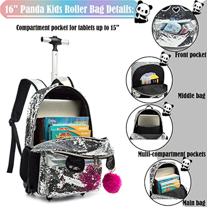 School Kids Rolling Backpack for Girls 3PCS With Trolley Wheeled Backpacks - color: Silver Black