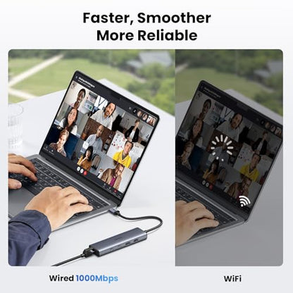 UGREEN USB to Ethernet Adapter, 10Gbps Data Port 5-in-1 Hub Ethernet | with 2*USB-C 3.2, USB-A 3.2/2.0, Gigabit RJ45, Power Port (Only for Adapter), USB A to Network Hub for Laptop, MacBook, XPS
