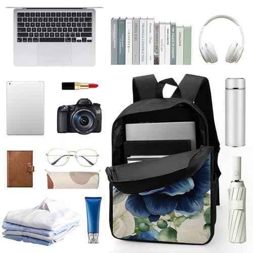 17 In Laptop Backpack Water Resistant Travel Daypack Black | Leaves Botanicals, Breathable Airflow Back Panel, Adjustable Ergonomic Shoulder Straps, Foam-Padded Top Carry Handle