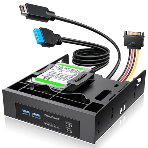 GRAUGEAR 5.25” Front Panel USB Hub, Internal SD/microSD Card Reader for Desktop PC, Gen2x2 20Gbps USB-C Port, Dual 2.5" SSD/HDD Slots, USB3.2 Type-E Key-A & USB3.0 19-Pin Header