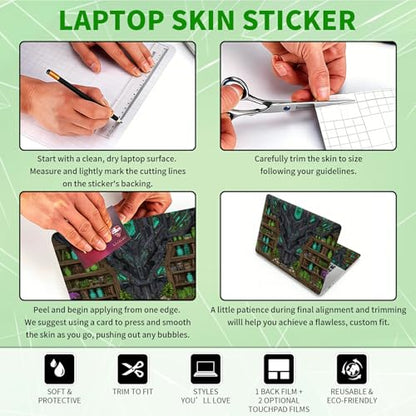 Laptop Skin Sticker Decal, Universal Protective Cover Fit 12 13 14 15.6 Inch Notebook, Reusable Water-Resistant Vinyl Decal w/ 2 Wrist Pads for Business Travel Office, Green Library Books - color: Green Library Books